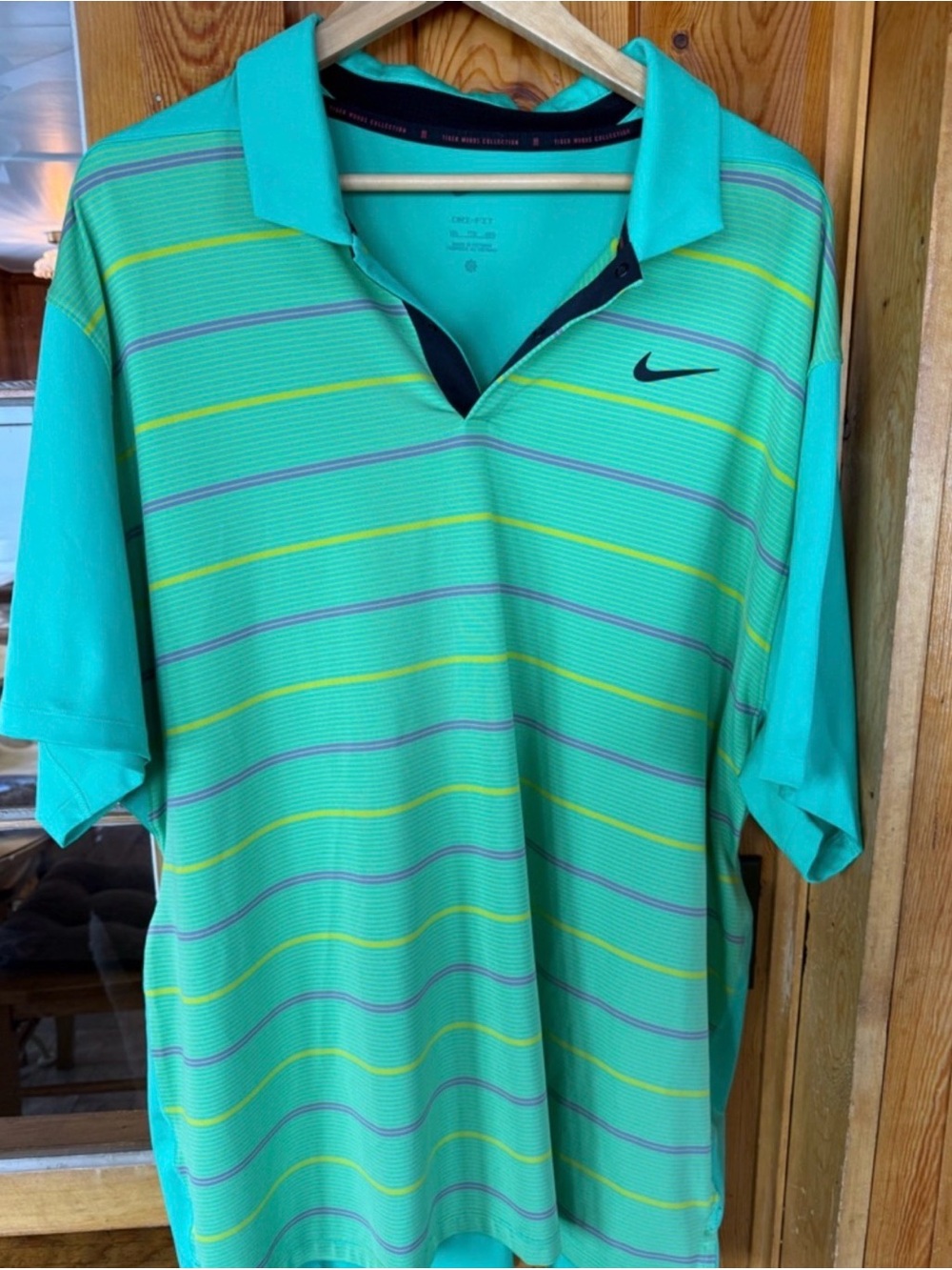 Nike Men's Teal Polo with Yellow and Purple Stripes